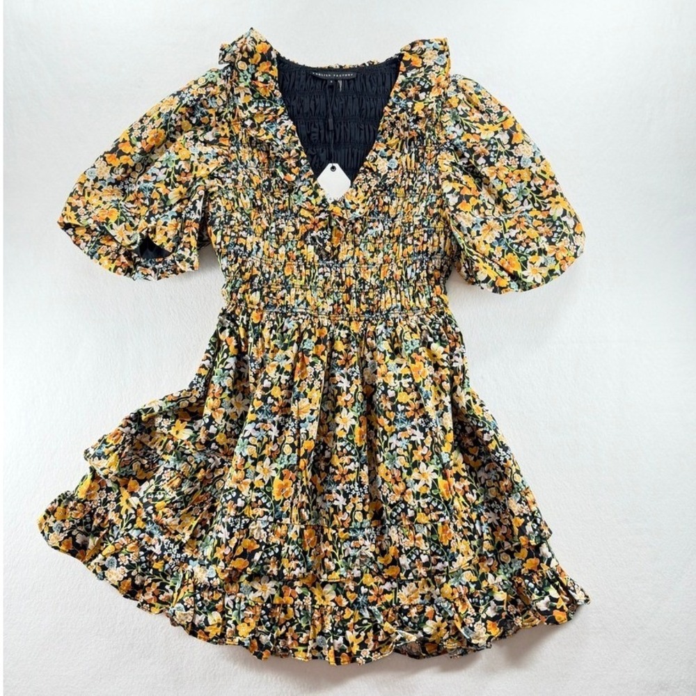NEW English Factory Floral Smocked Ruffle Mini Dress Puff Sleeve S